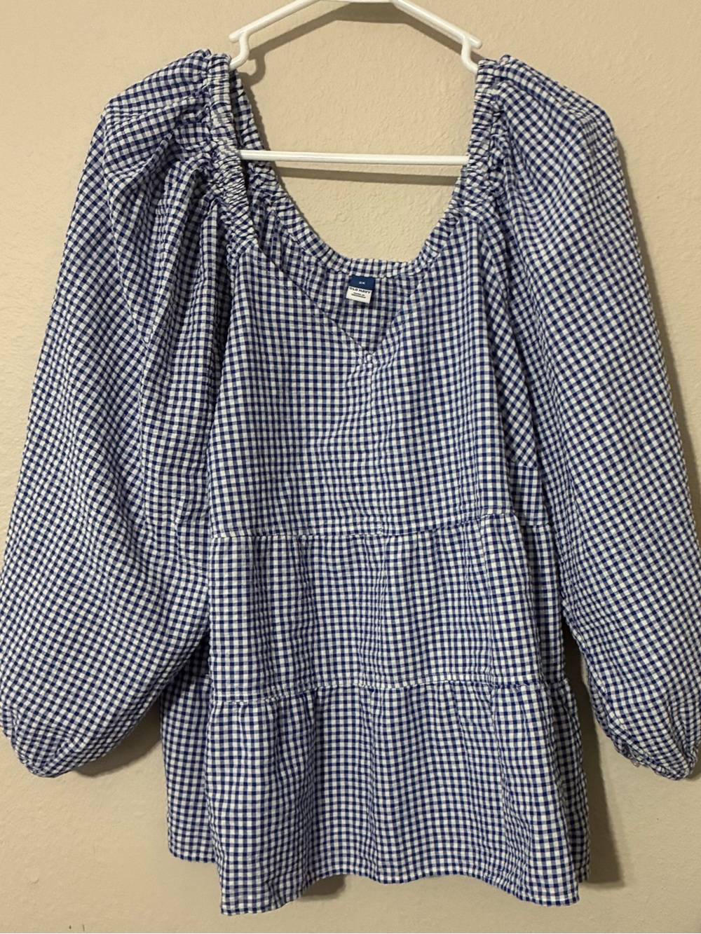 Old Navy Blue Gingham Tiered women’s top with Puff Sleeves